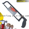 HACKSAW FRAME WITH BLACK PLASTIC-COVERED HANDLE AND FLAT STEEL