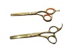 stainless steel thinning curved hair scissors with golden color